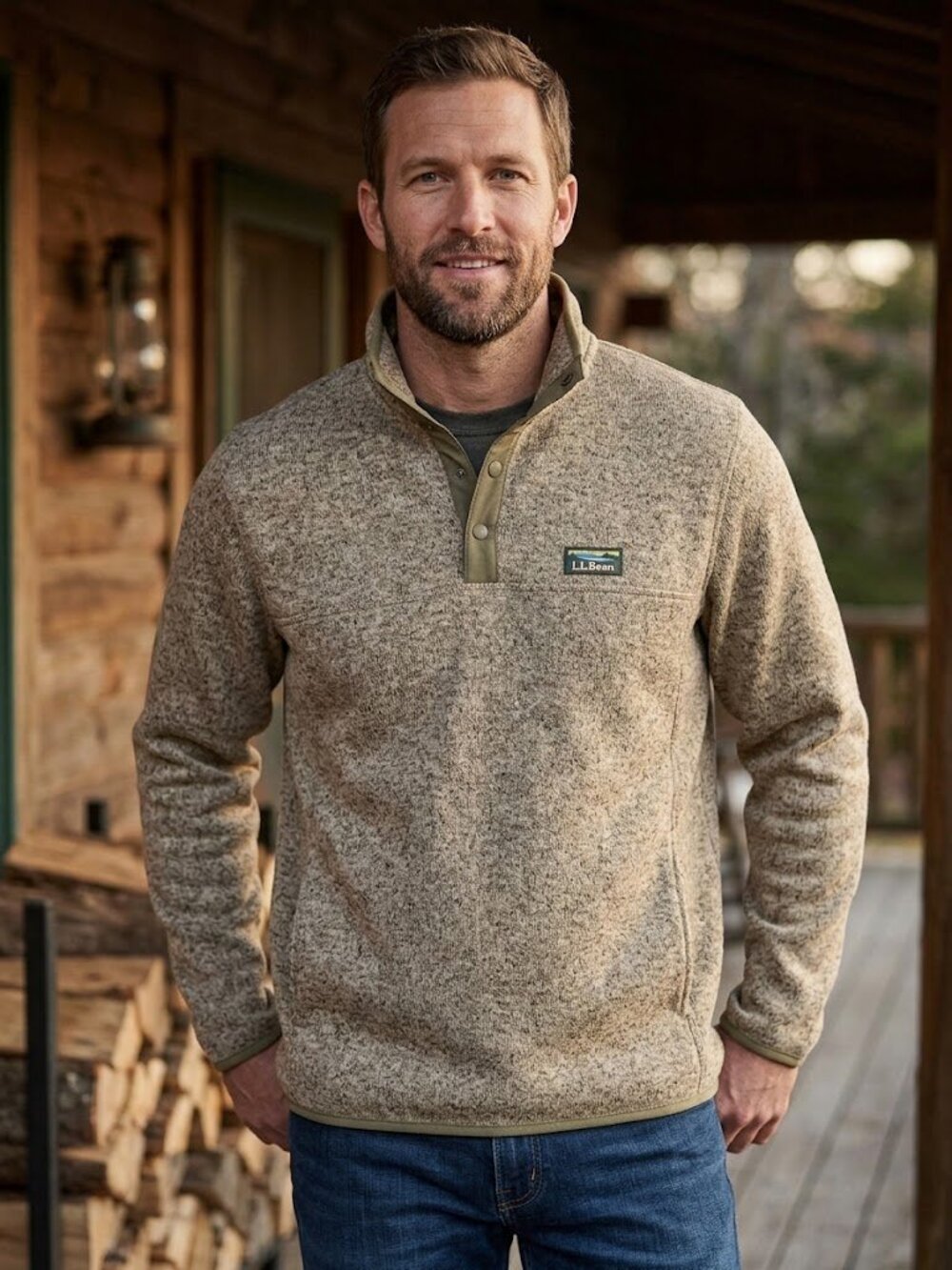 L.L.Bean Snap-Neck Fleece Pullover Mens L Cream Oatmeal